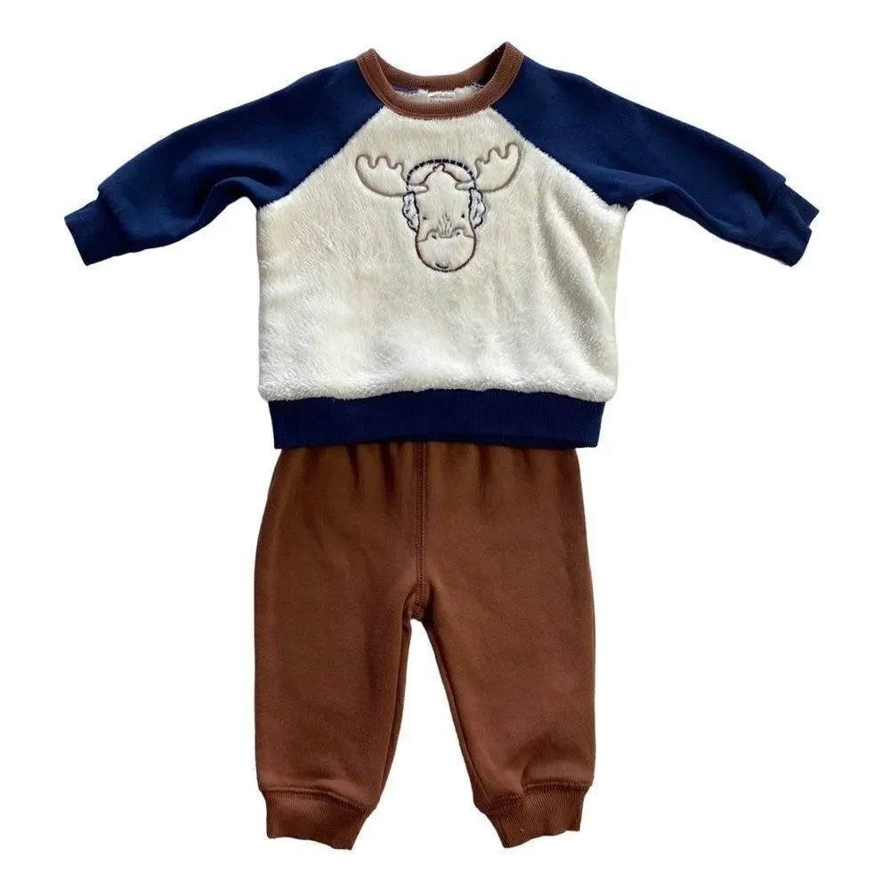 CARTER’S BABY BOY 6M Moose Fuzzy Pullover Sweatshirt & Jogger Pants Set